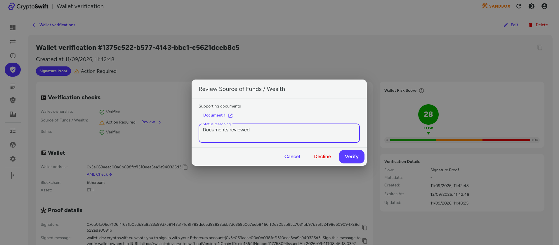 Source of Funds or Wealth review dialog with documents, reasoning, Decline, and Verify actions